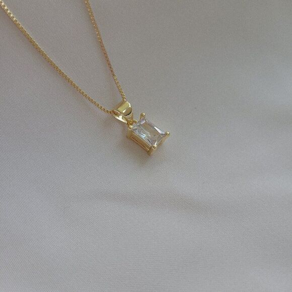 Baguette Rhinestone Charm Necklace Gold Filled on Box Chain - Picture 7 of 10